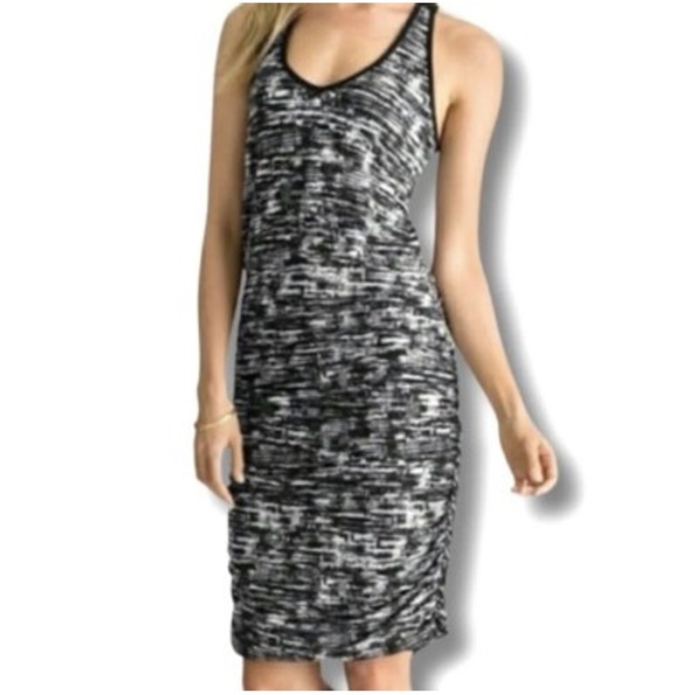 Athleta Santorini Tank Dress Black White Space Dye Ruched Racerback Large 64481